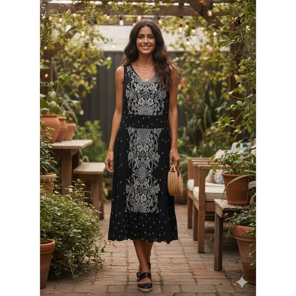 Bila Womens XL Boho Peasant Art Festival Smocked Waist Floral Paisley Tank Dress - Picture 2 of 10